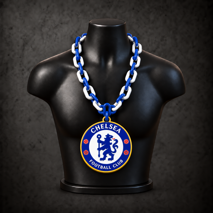 Chelsea Classic Hype Chain with blue, white alternating plastic links on a black display bust