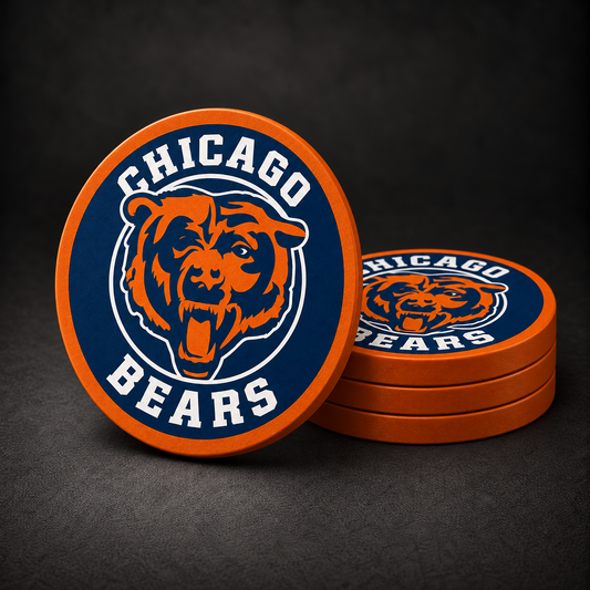 Chicago Bears Drink Coasters with orange sides, three stacked and one standing on a dark charcoal background