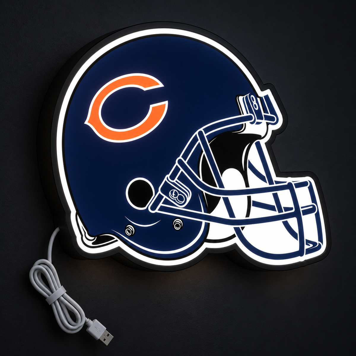 Chicago Bears Helmet LED Sign illuminated at night
