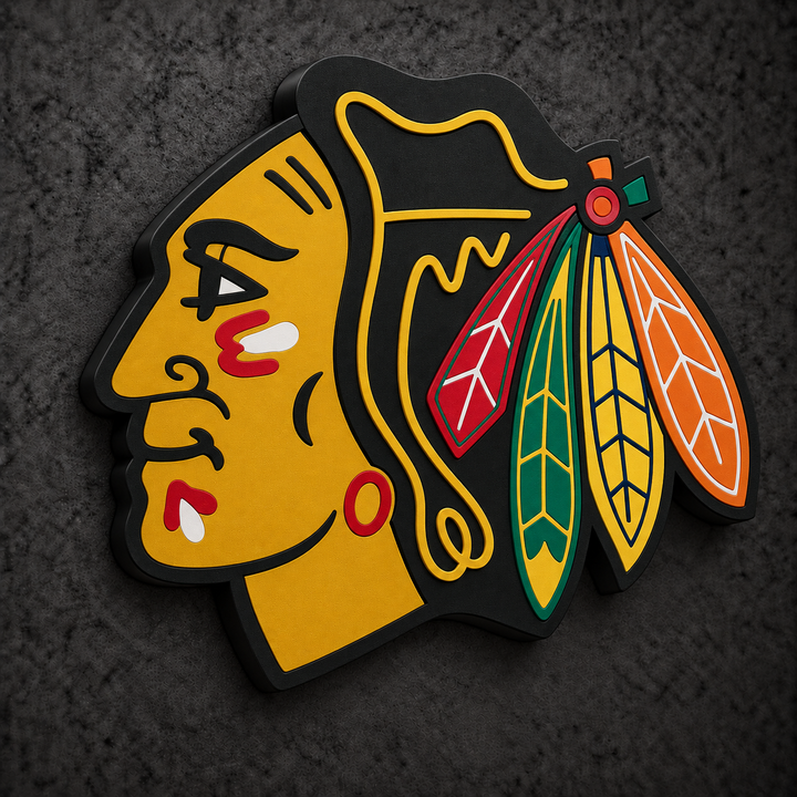Chicago Blackhawks 3D Plaque with raised layered artwork on a dark charcoal wall