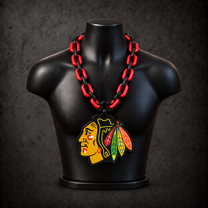 Chicago Blackhawks Classic Hype Chain with alternating black / red links on a black display bust