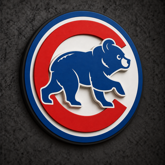 Chicago Cubs 3D Plaque with raised layered artwork on a dark charcoal wall