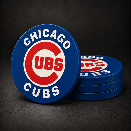 Chicago Cubs Drink Coasters with blue sides, three stacked and one standing on a dark charcoal background