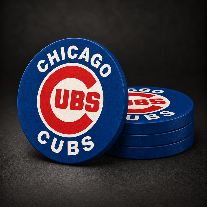 Chicago Cubs Drink Coasters with blue sides, three stacked and one standing on a dark charcoal background