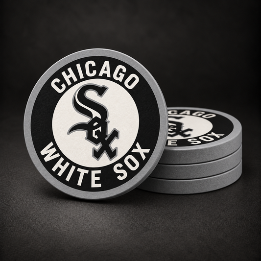Chicago White Sox Drink Coasters with grey sides, three stacked and one standing on a dark charcoal background