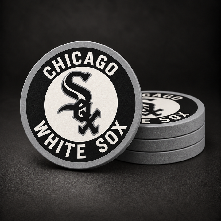 Chicago White Sox Drink Coasters with grey sides, three stacked and one standing on a dark charcoal background