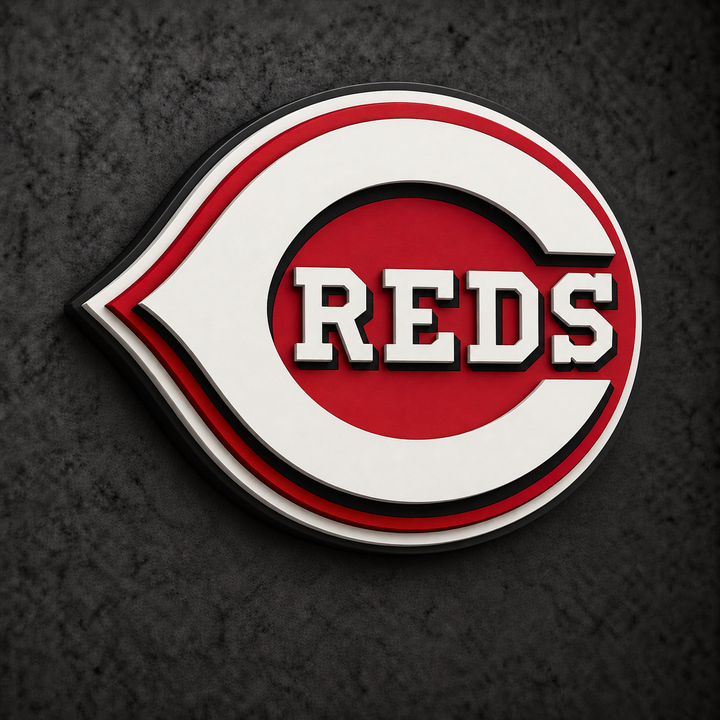 Cincinnati Reds 3D Plaque with raised layered artwork on a dark charcoal wall