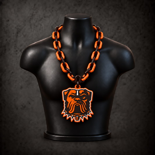 Cleveland Browns Classic Hype Chain — dark chocolate brown / orange chain on black display bust