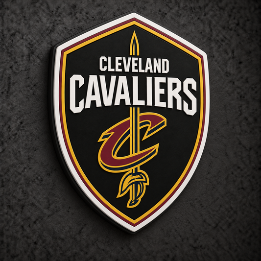 Cleveland Cavaliers 3D Plaque with raised layered artwork on a dark charcoal wall