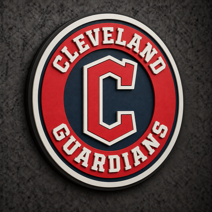 Cleveland Guardians 3D Plaque with raised layered artwork on a dark charcoal wall