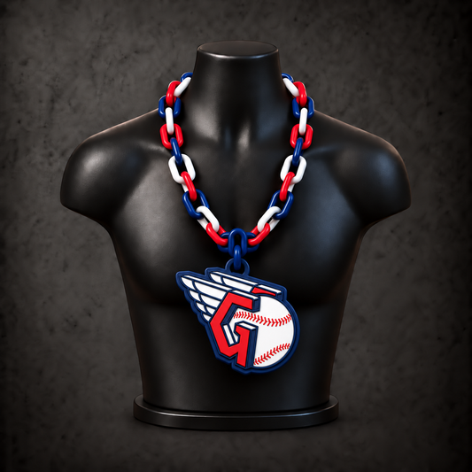 Cleveland Guardians Classic Hype Chain — navy blue / red / white chain on black display bust