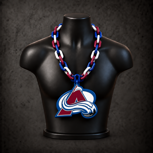 Colorado Avalanche Classic Hype Chain with alternating blue / burgundy / white links on a black display bust