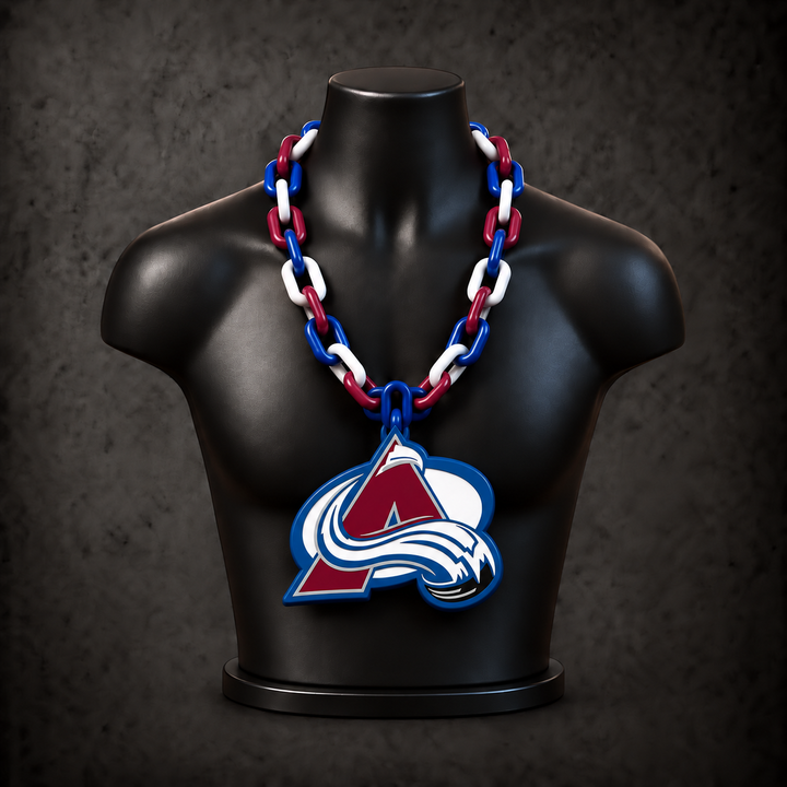 Colorado Avalanche Classic Hype Chain with alternating blue / burgundy / white links on a black display bust