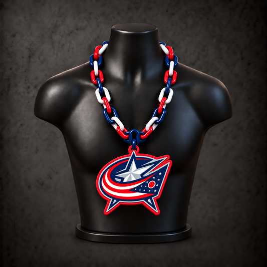 Columbus Blue Jackets Classic Hype Chain with alternating navy / red / white links on a black display bust