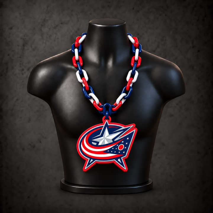 Columbus Blue Jackets Classic Hype Chain with alternating navy / red / white links on a black display bust