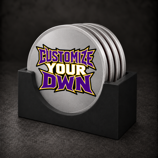 Four silver custom drink coasters in a black holder with purple, white and yellow Customize Your Own artwork