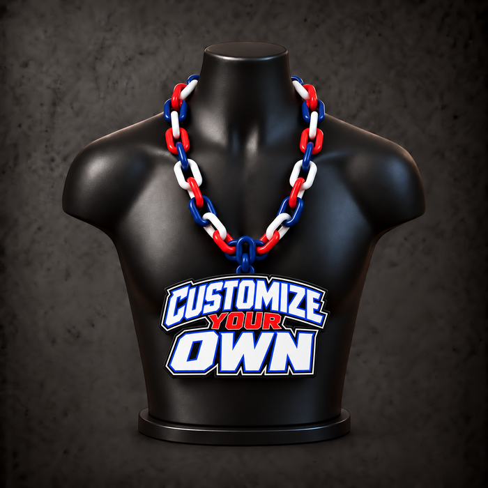 Custom Classic Hype Chain with blue, red and white links and a Customize Your Own pendant on a black mannequin