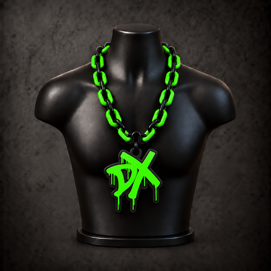D-Generation X Reunion 2006 Classic Hype Chain — black / bright lime green chain on black display bust