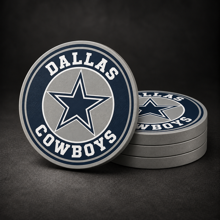 Dallas Cowboys Drink Coasters with grey sides, three stacked and one standing on a dark charcoal background