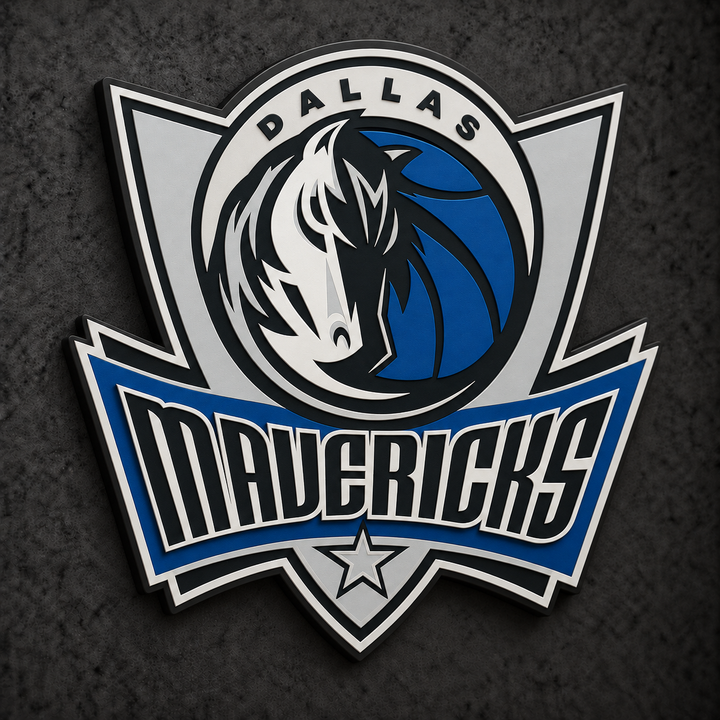 Dallas Mavericks 3D Plaque with raised layered artwork on a dark charcoal wall