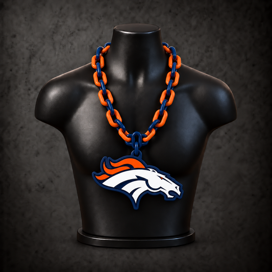 Denver Broncos Classic Hype Chain — navy blue / orange chain on black display bust