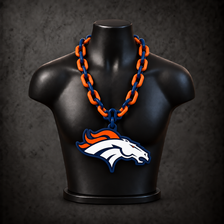 Denver Broncos Classic Hype Chain — navy blue / orange chain on black display bust