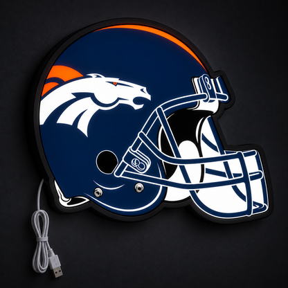 Denver Broncos Helmet LED Sign illuminated at night