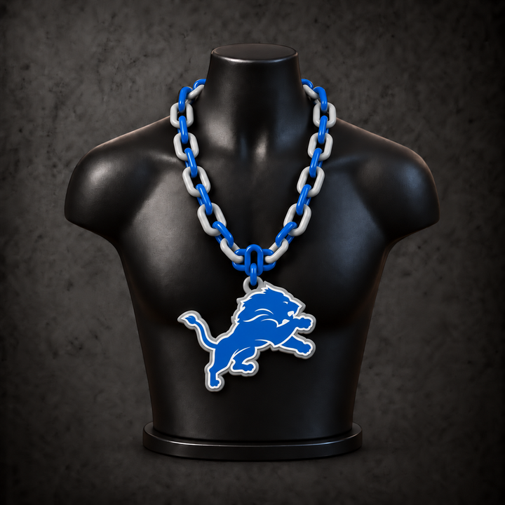 Detroit Lions Classic Hype Chain — Honolulu blue / silver gray chain on black display bust