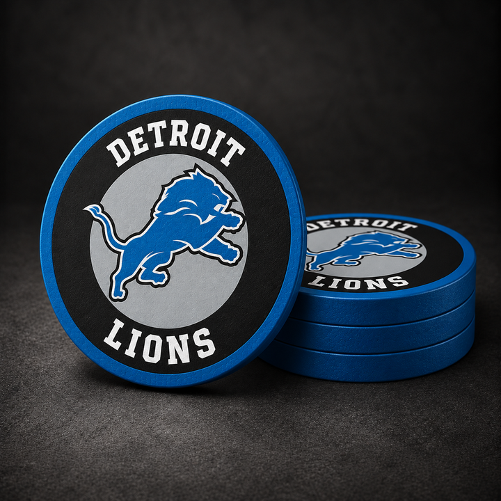 Detroit Lions Drink Coasters with blue sides, three stacked and one standing on a dark charcoal background