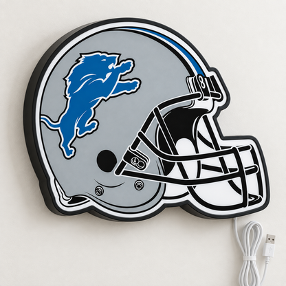 Detroit Lions Helmet LED Sign shown in daylight
