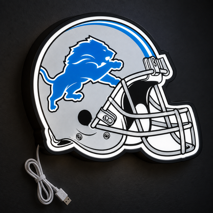 Detroit Lions Helmet LED Sign illuminated at night