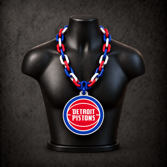 Detroit Pistons Classic Hype Chain — royal blue / red / white chain on black display bust