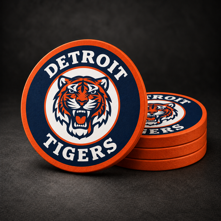 Detroit Tigers Drink Coasters with orange sides, three stacked and one standing on a dark charcoal background