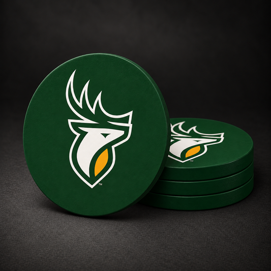 Edmonton Elks Drink Coasters with dark green sides, three stacked and one standing on a dark charcoal background