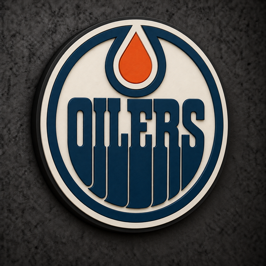 Edmonton Oilers 3D Plaque with raised layered artwork on a dark charcoal wall