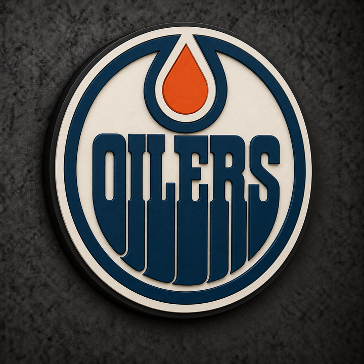 Edmonton Oilers 3D Plaque with raised layered artwork on a dark charcoal wall