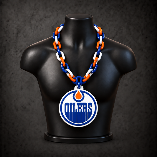 Edmonton Oilers Classic Hype Chain with repeating blue, orange and white links on a black display bust