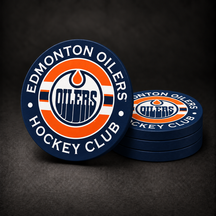 Edmonton Oilers Hockey Club Drink Coasters – three stacked plus one standing
