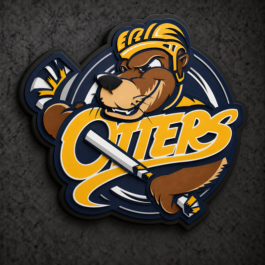Erie Otters 3D Plaque with raised layered artwork on a dark charcoal wall