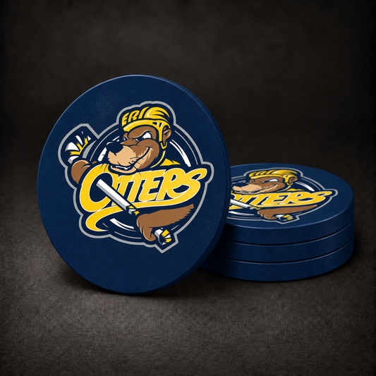 Erie Otters Drink Coasters with supplied team logo and navy blue sides, three stacked and one standing on a dark charcoal background