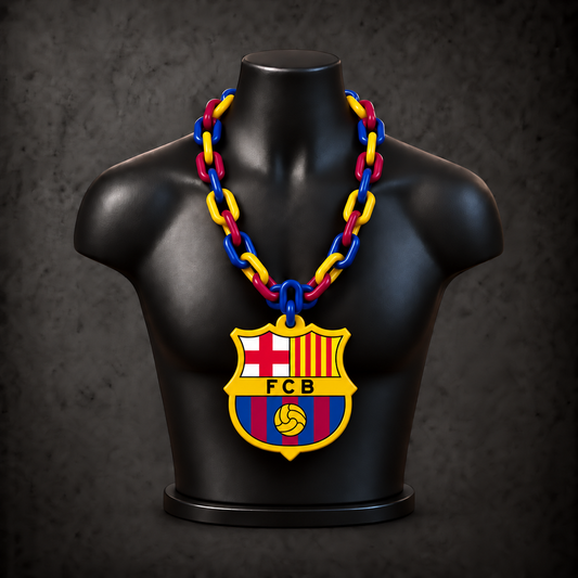 FC Barcelona Classic Hype Chain with blue, claret red, golden yellow alternating plastic links on a black display bust