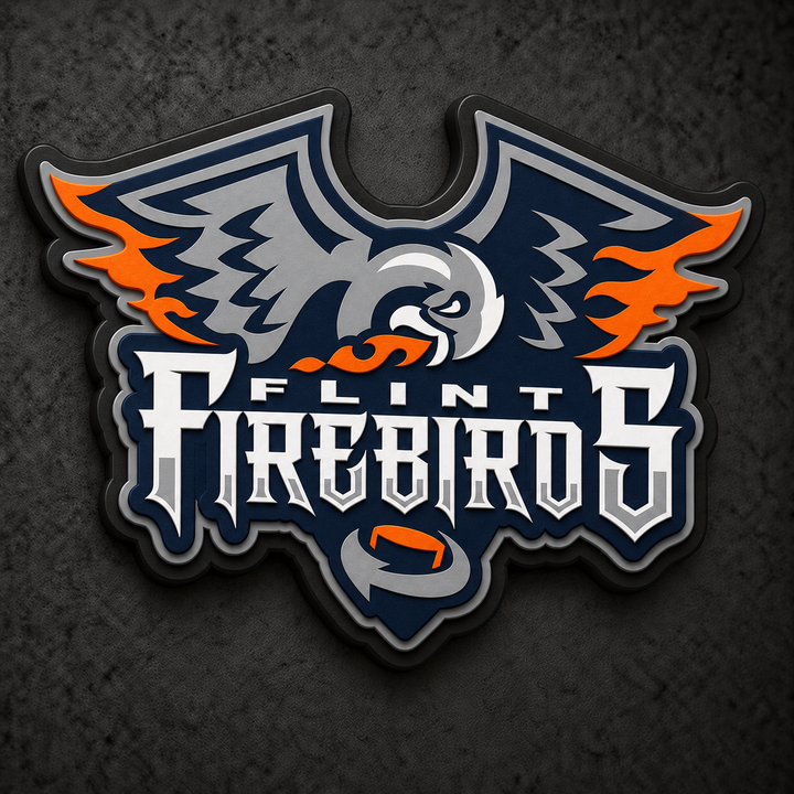 Flint Firebirds 3D Plaque with raised layered artwork on a dark charcoal wall