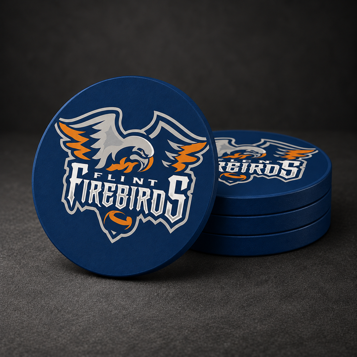 Flint Firebirds Drink Coasters with navy blue sides, three stacked and one standing on a dark charcoal background