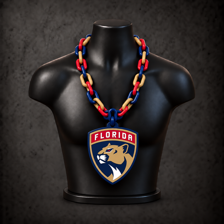 Florida Panthers Classic Hype Chain with alternating navy / red / gold links on a black display bust