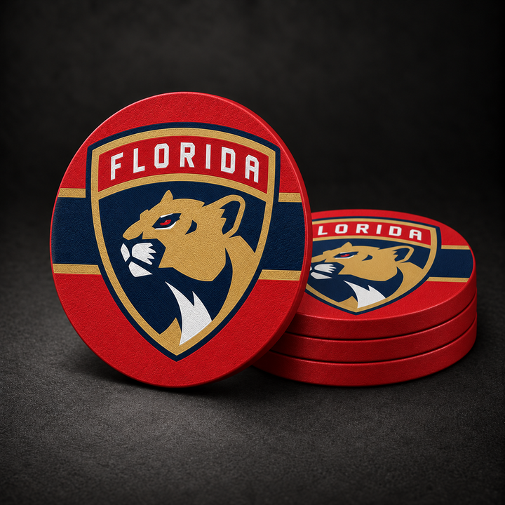 Florida Panthers Drink Coasters – three stacked plus one standing
