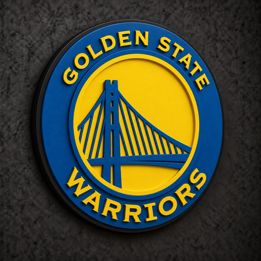 Golden State Warriors 3D Plaque with raised layered artwork on a dark charcoal wall