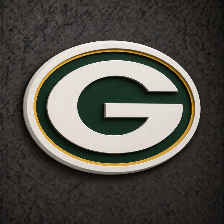 Green Bay Packers 3D Plaque with raised white G, green face, yellow inner border and white outer edge on a dark charcoal wall