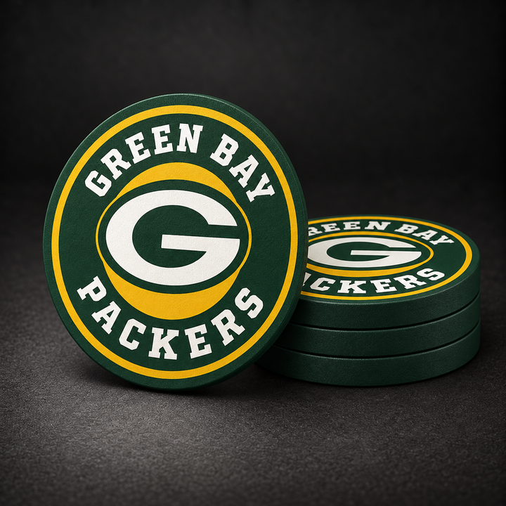 Green Bay Packers Drink Coasters with green sides, three stacked and one standing on a dark charcoal background
