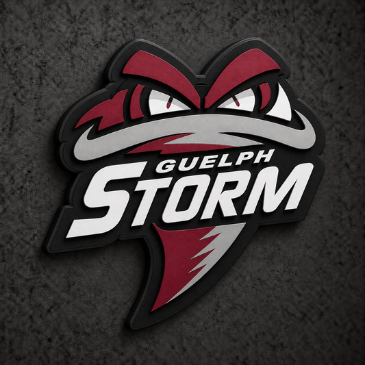 Guelph Storm 3D Plaque with raised layered artwork on a dark charcoal wall