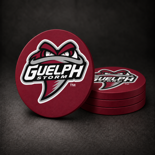 Guelph Storm Drink Coasters with supplied team logo and burgundy sides, three stacked and one standing on a dark charcoal background